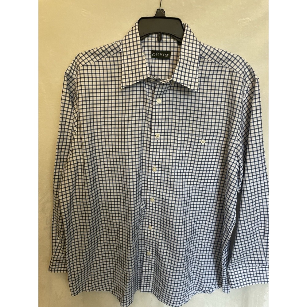 Orvis Button Down Shirt Long Sleeve Check Polyester Pockets Blue Mens XL
